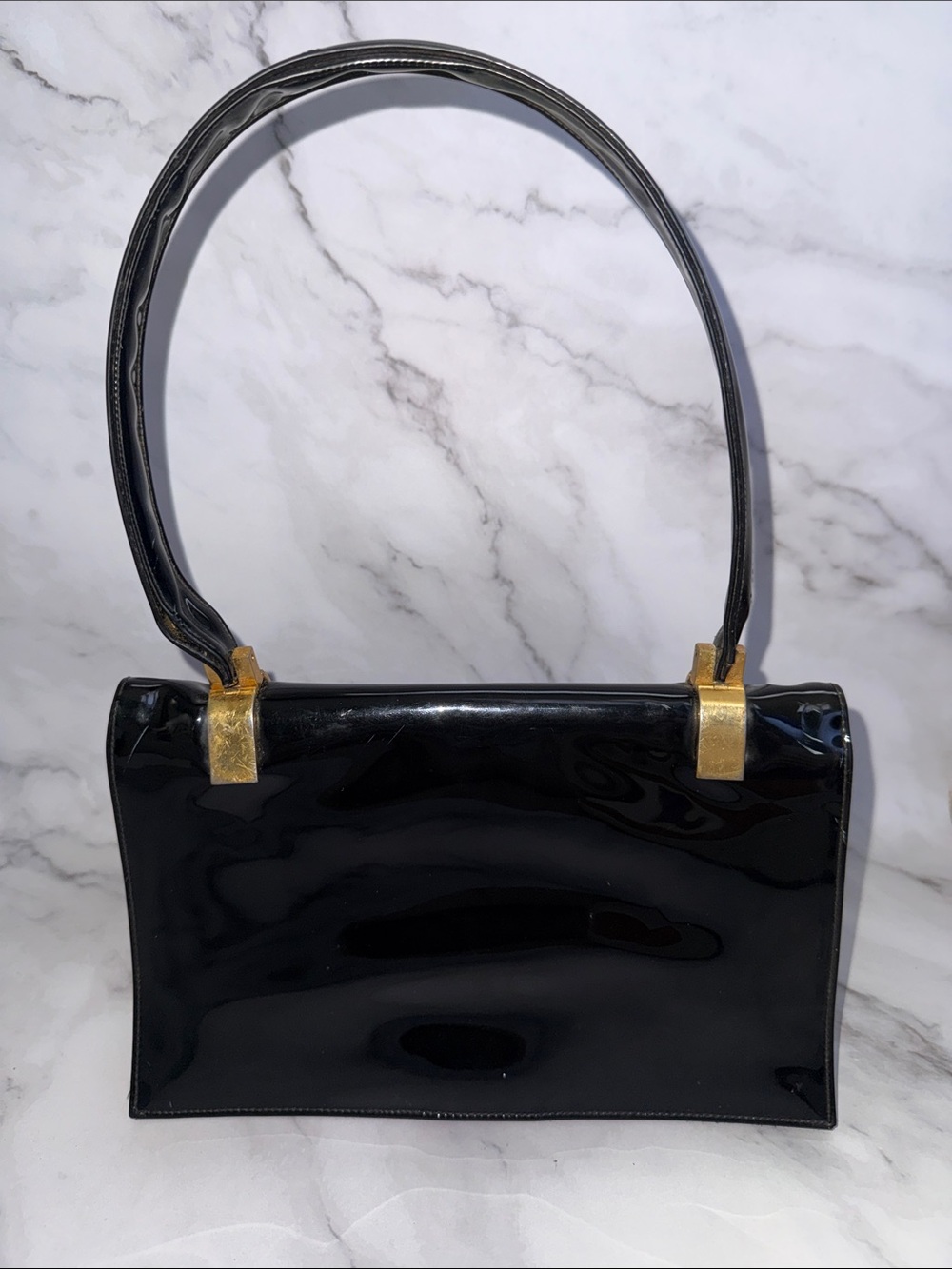 Vintage Black Patent Shoulder Bag with Gold-Tone Hardware